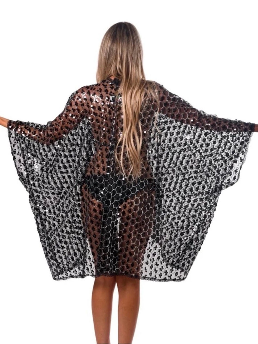 Black Sheer Sequin Kimono Cover-Up - Women's Swim